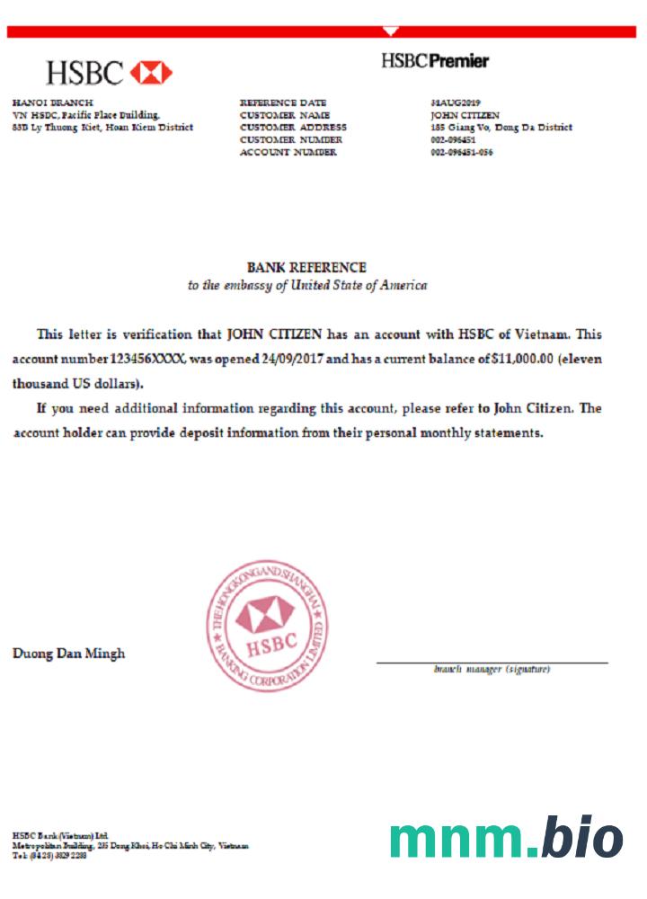 Przykład odniesienia do banku HSBC w Wietnamie w formatach Word i PDF